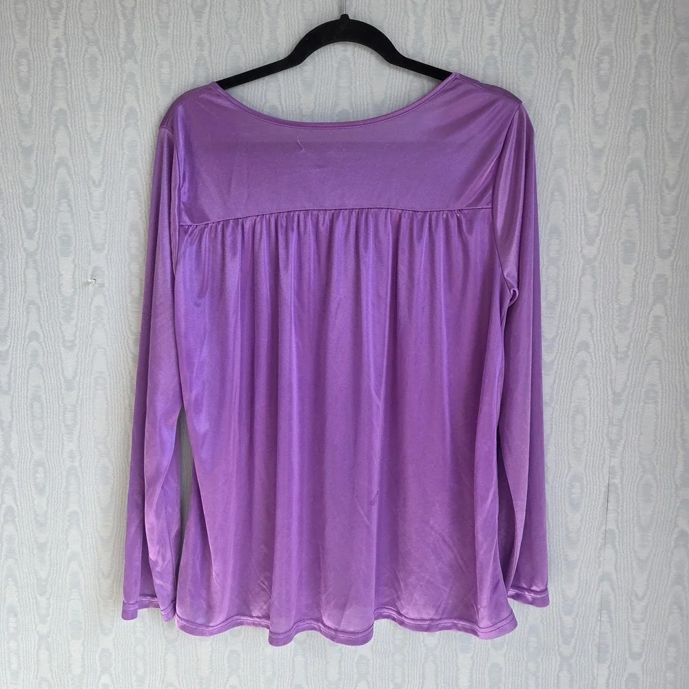 Vtg 80s Womens XL Sleep Shirt Nylon Long Sleeve Lace Front Purple‎ Retro
